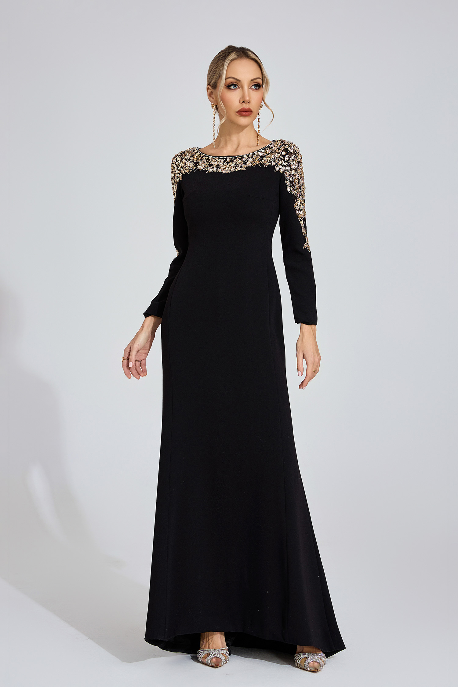 Carys Black Gold-Shoulder Maxi Dress