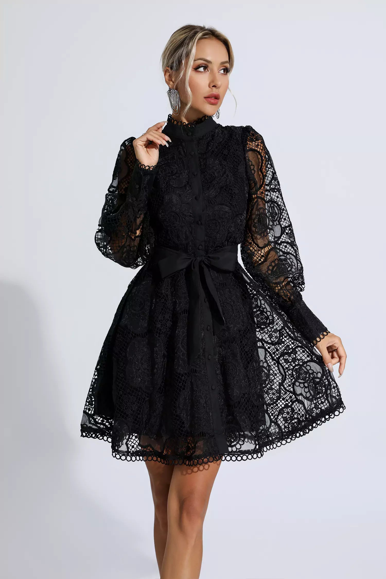 Lorelei Black Lace Jacquard Mini Dress-CATCHALL