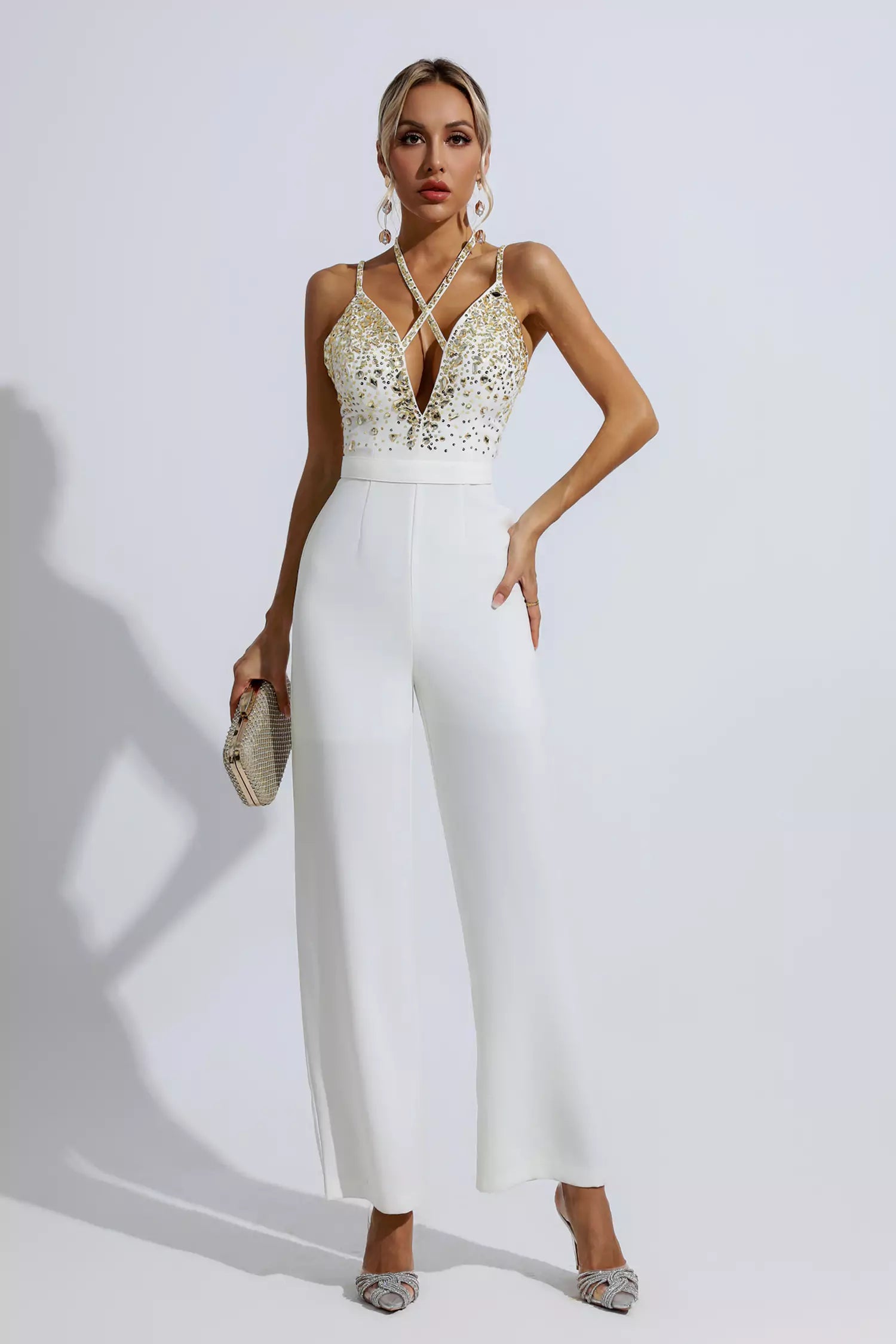Matilda White Sequin Embellished Jumpsuit-CATCHALL