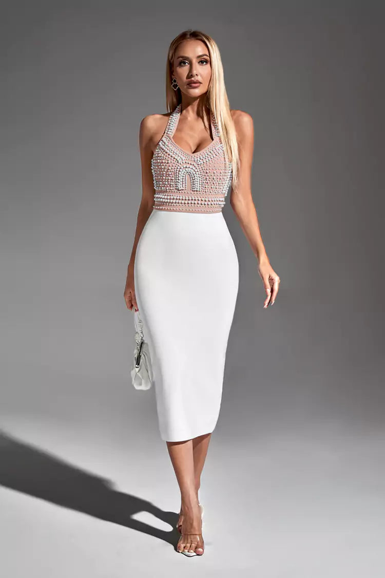 Mia White Pearl Halter Bandage Dress-CATCHALL