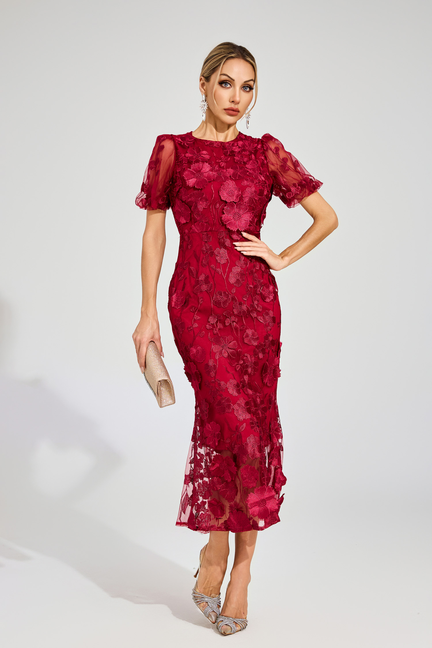 Quincy Red Flower Mesh Dress