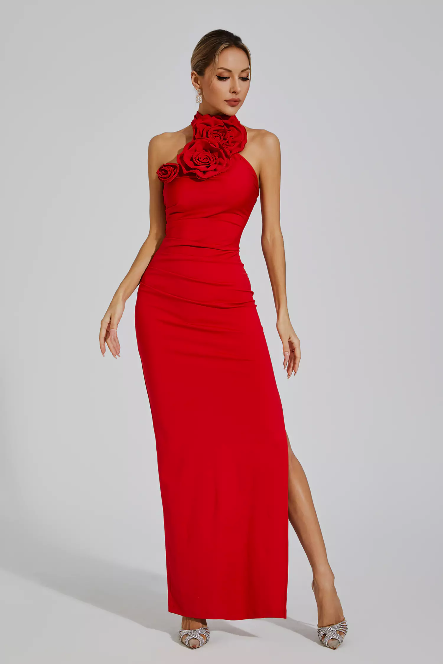 Aylin Red Floral Ruched Halter Maxi Dress-CATCHALL
