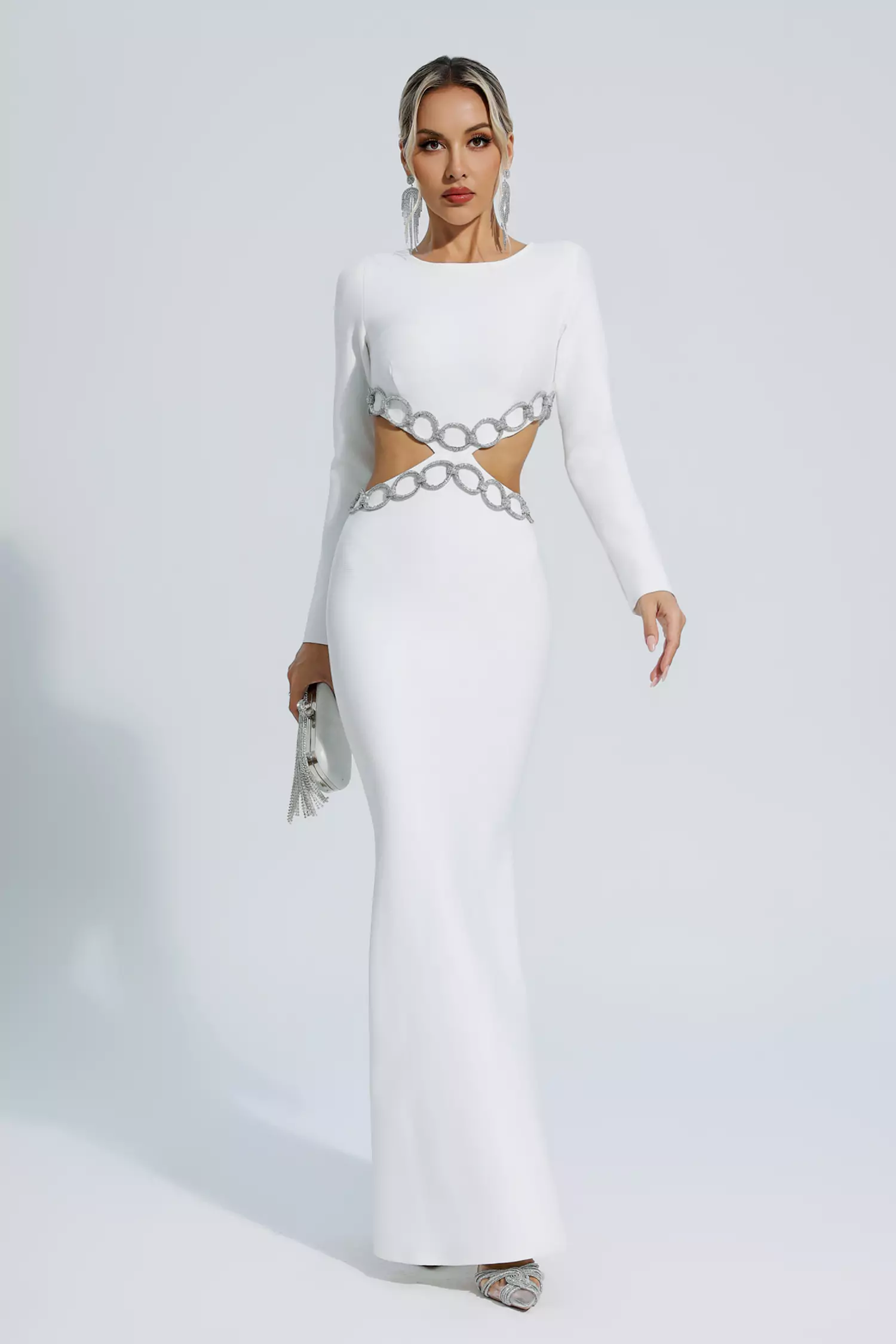Janelle White Cut Out Long Sleeve Bandage Dress-CATCHALL