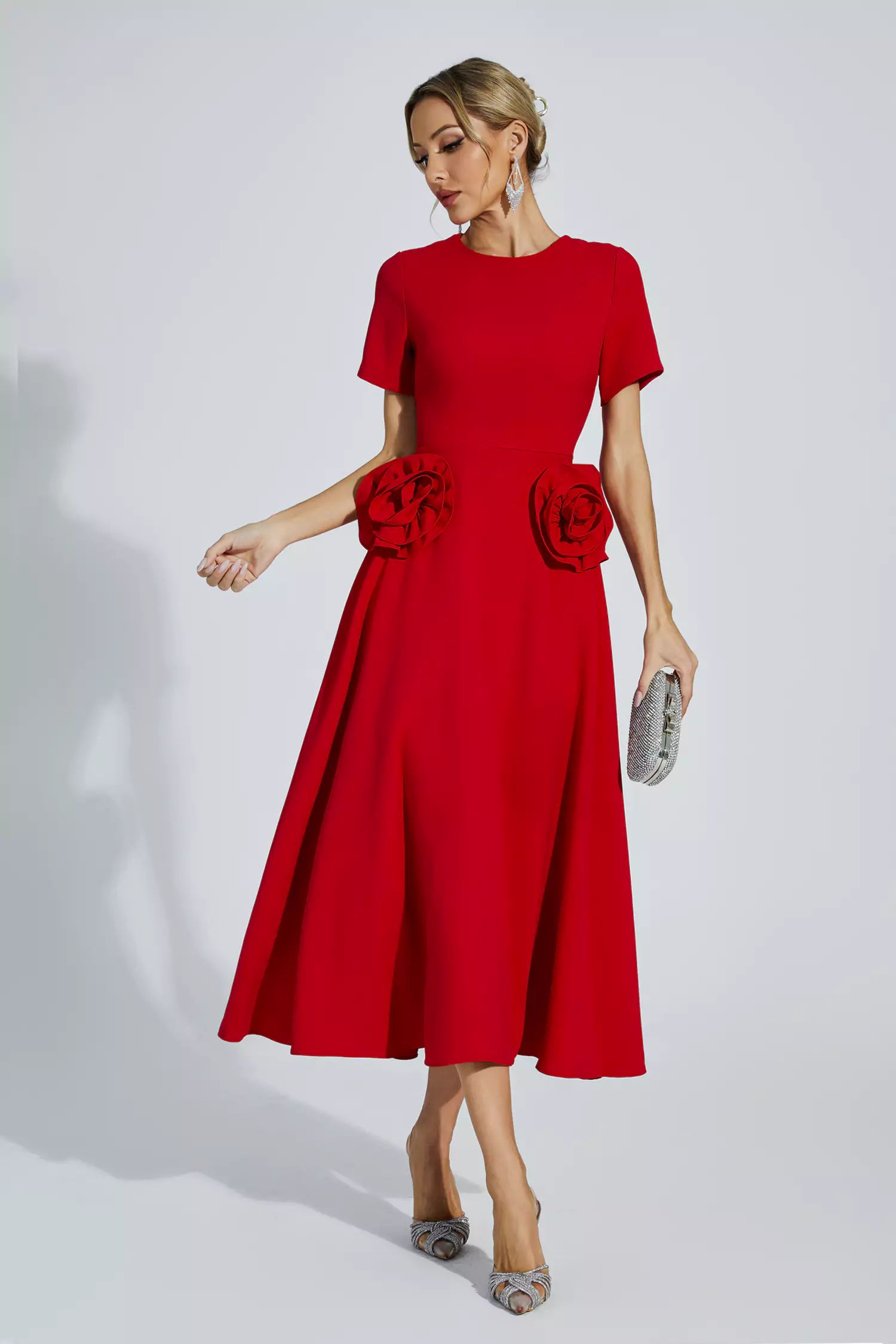 Greta Red Flower Midi Dress-CATCHALL