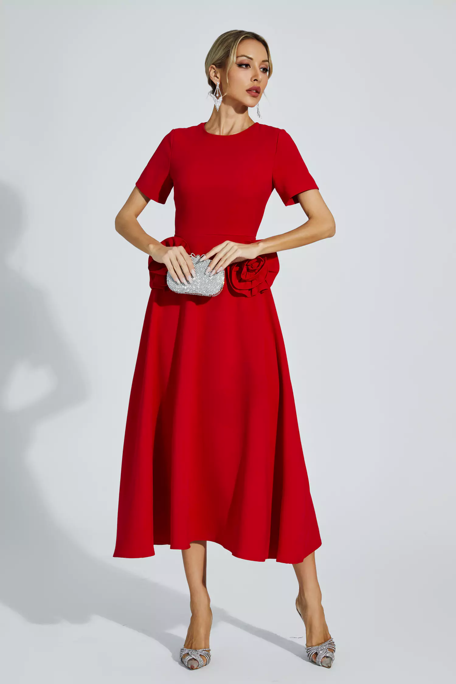 Greta Red Flower Midi Dress-CATCHALL