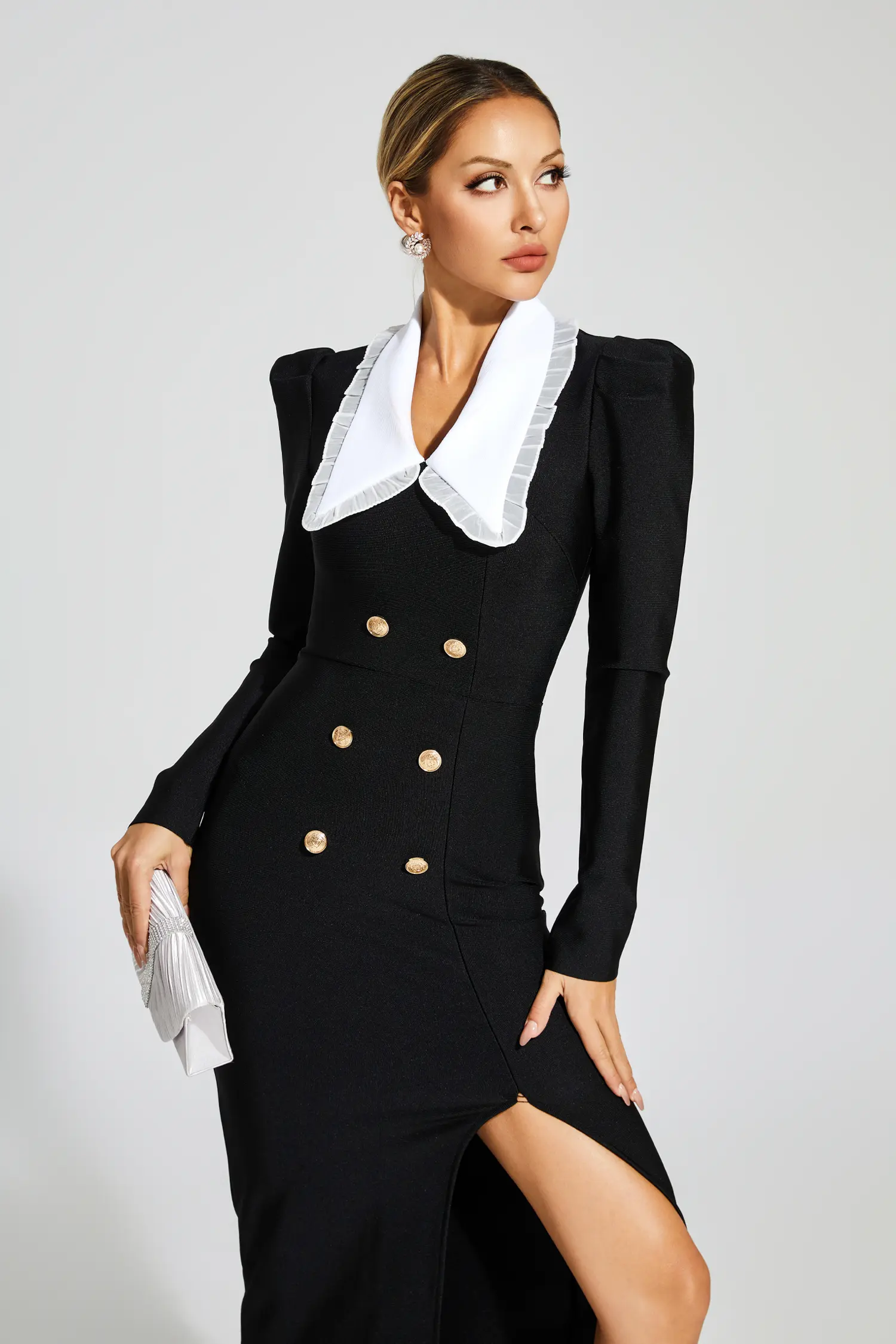 Harriman Black Slit Long Sleeves Bandage Dress-CATCHALL