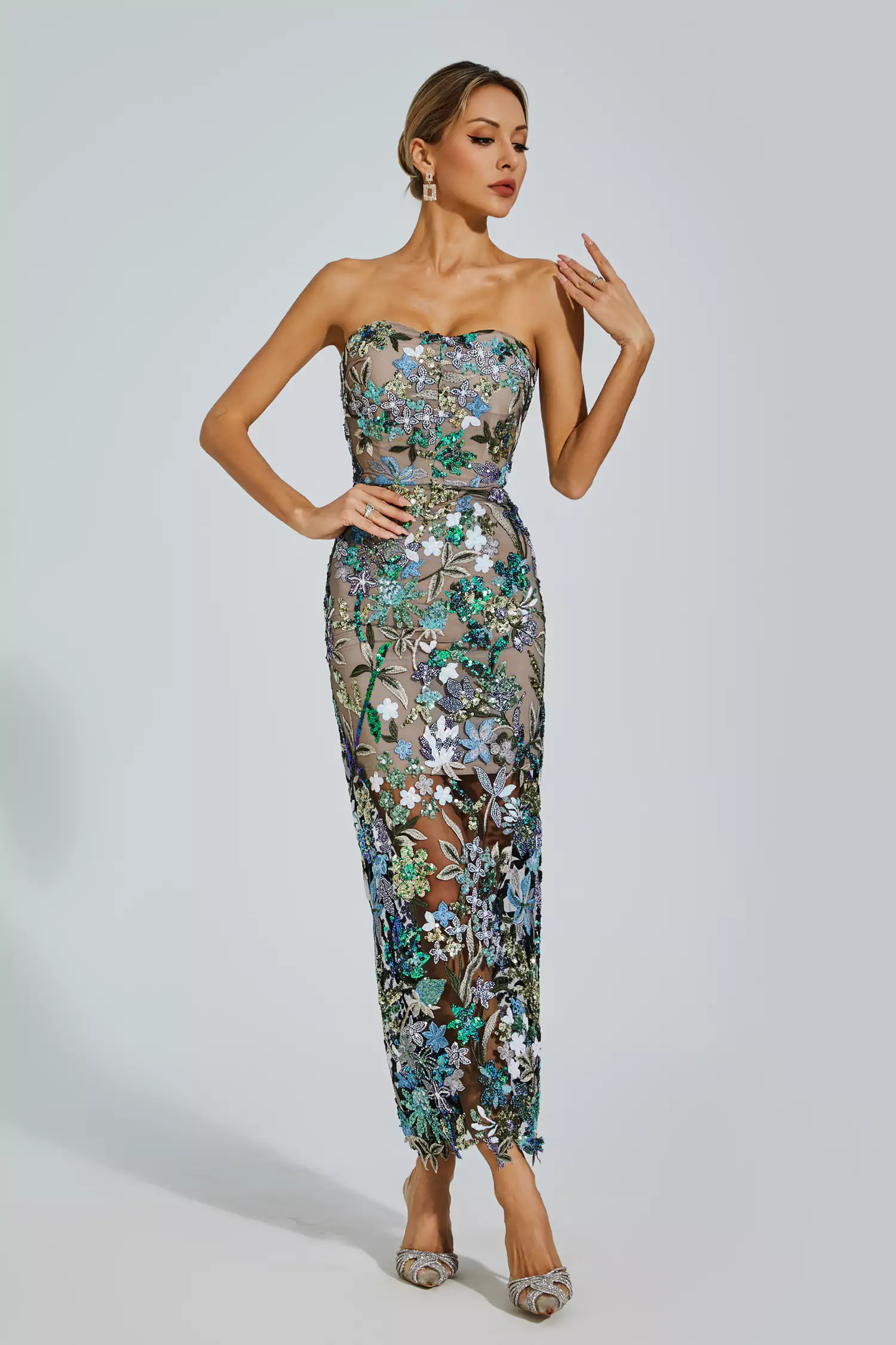 Leanna Blue Flower Embroidered Maxi Dress-CATCHALL